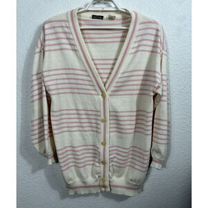 Vintage Andrew St John Sweater Cardigan Size L Pink Striped Acrylic Grandpa Y2K